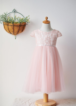 Cap Sleeves Pink Lace Tulle Short Flower Girl Dress